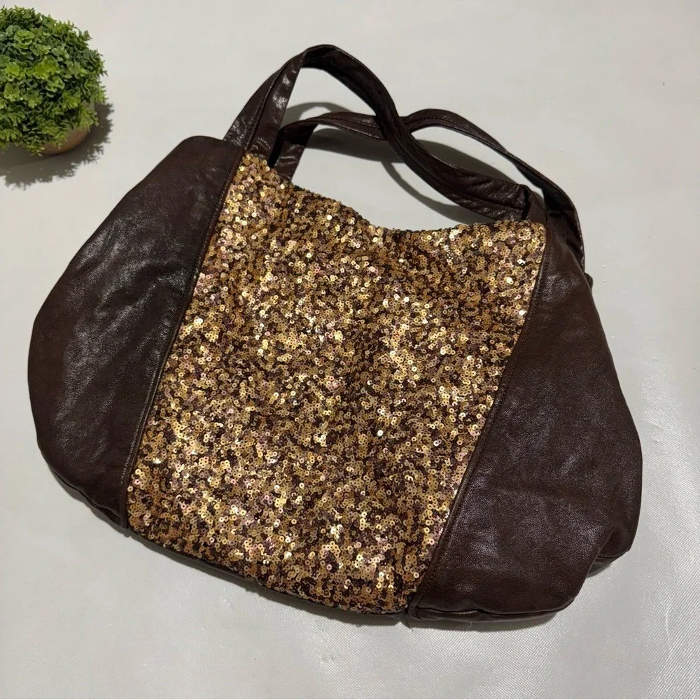Banana Republic Vtg‎ Y2K Brown Leather Hobo Shoulder Bag Purse Gold Sequin Fall